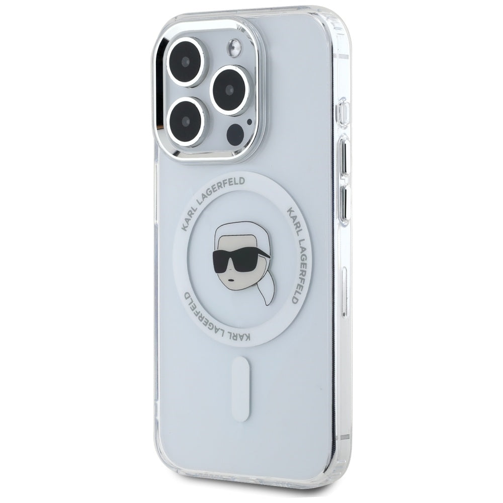 Pouzdro MagSafe pro Apple iPhone 15 Pro Max, Karl Lagerfeld, IML Metal Karl's Head, Bílá