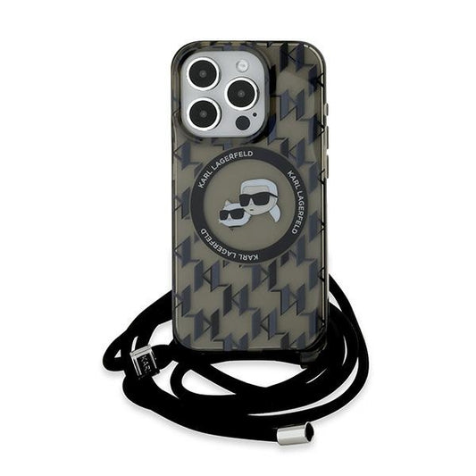 MagSafe Case for Apple iPhone 15 Pro Max, Karl Lagerfeld, IML Crossbody Monogram Karl & Choupette's Heads, Black