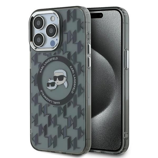 Pouzdro MagSafe pro Apple iPhone 15 Pro Max, Karl Lagerfeld, IML Monogram Karl & Choupette's Heads, Černá