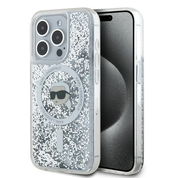 Pouzdro MagSafe pro Apple iPhone 15 Pro Max, Karl Lagerfeld, Liquid Glitter Karl's Head, Průhledné