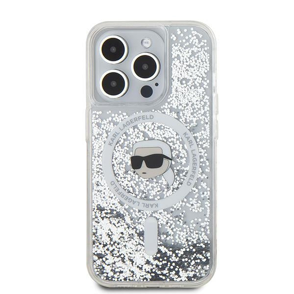 Pouzdro MagSafe pro Apple iPhone 15 Pro Max, Karl Lagerfeld, Liquid Glitter Karl's Head, Průhledné