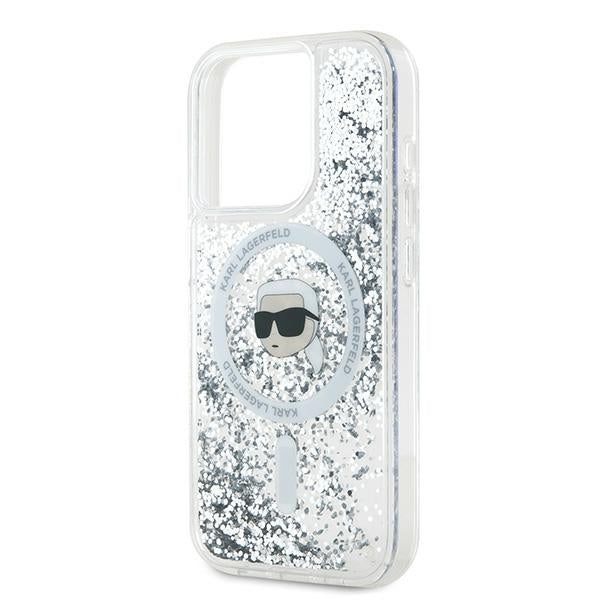 Pouzdro MagSafe pro Apple iPhone 15 Pro Max, Karl Lagerfeld, Liquid Glitter Karl's Head, Průhledné