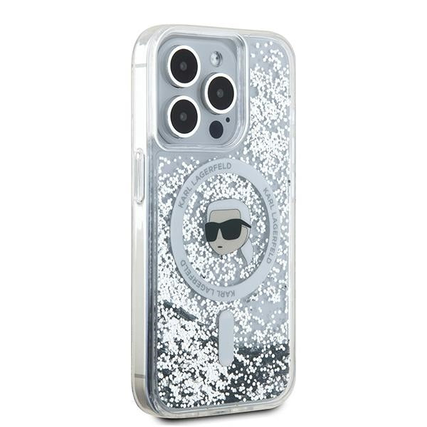 Pouzdro MagSafe pro Apple iPhone 15 Pro Max, Karl Lagerfeld, Liquid Glitter Karl's Head, Průhledné