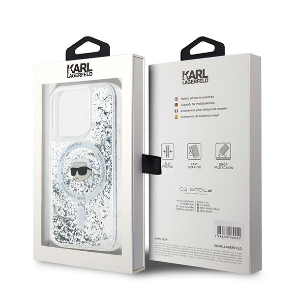 Pouzdro MagSafe pro Apple iPhone 15 Pro Max, Karl Lagerfeld, Liquid Glitter Karl's Head, Průhledné