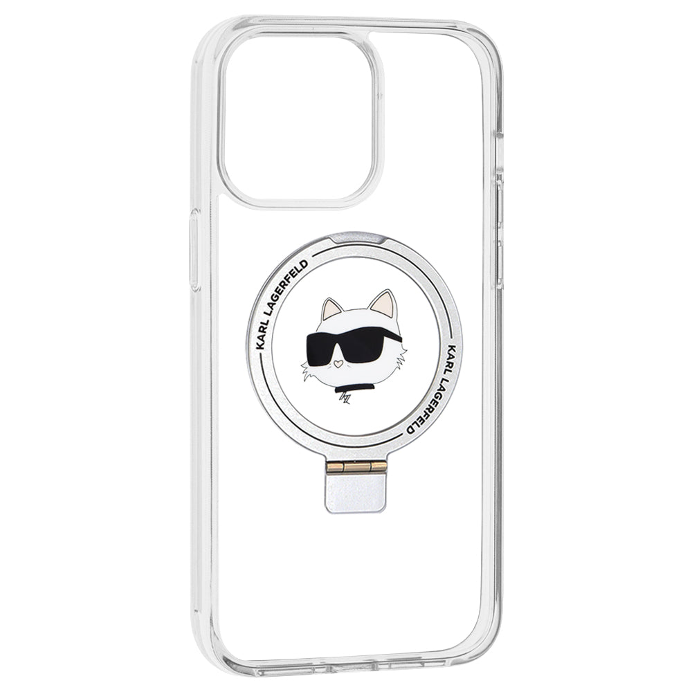 Pouzdro MagSafe pro Apple iPhone 15 Pro Max, Karl Lagerfeld, Ring Stand Choupette's Head, Bílá