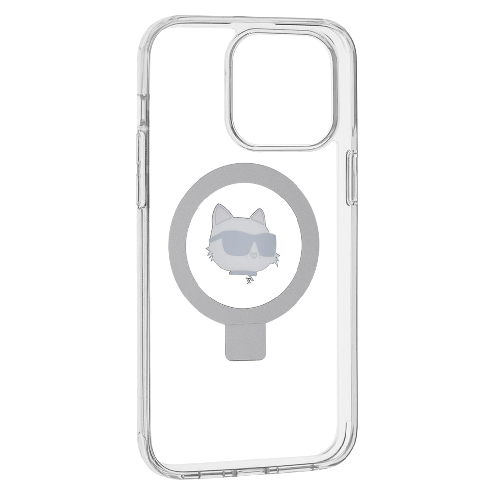 Pouzdro MagSafe pro Apple iPhone 15 Pro Max, Karl Lagerfeld, Ring Stand Choupette's Head, Bílá