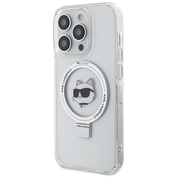 Pouzdro MagSafe pro Apple iPhone 15 Pro Max, Karl Lagerfeld, Ring Stand Choupette's Head, Bílá