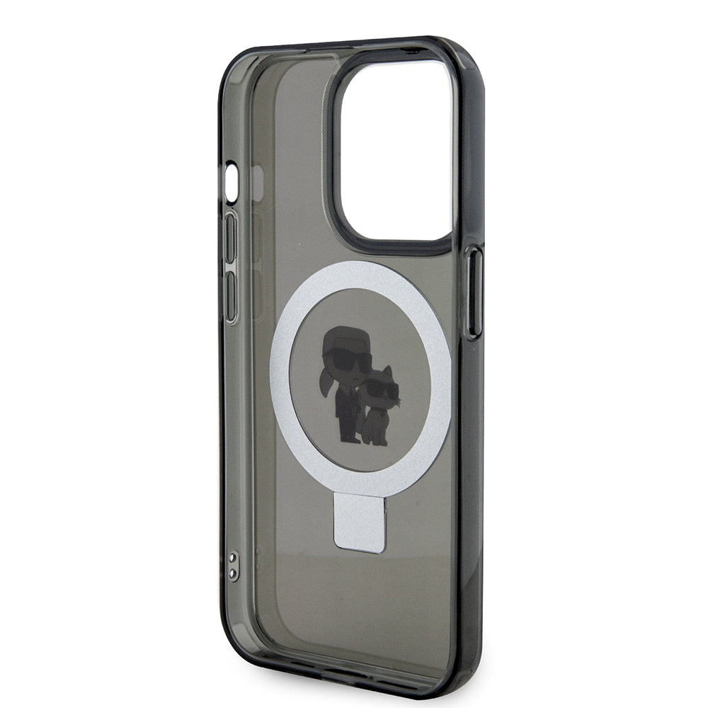 Pouzdro MagSafe pro Apple iPhone 15 Pro Max, Karl Lagerfeld, Ring Stand Karl & Choupette, Černá