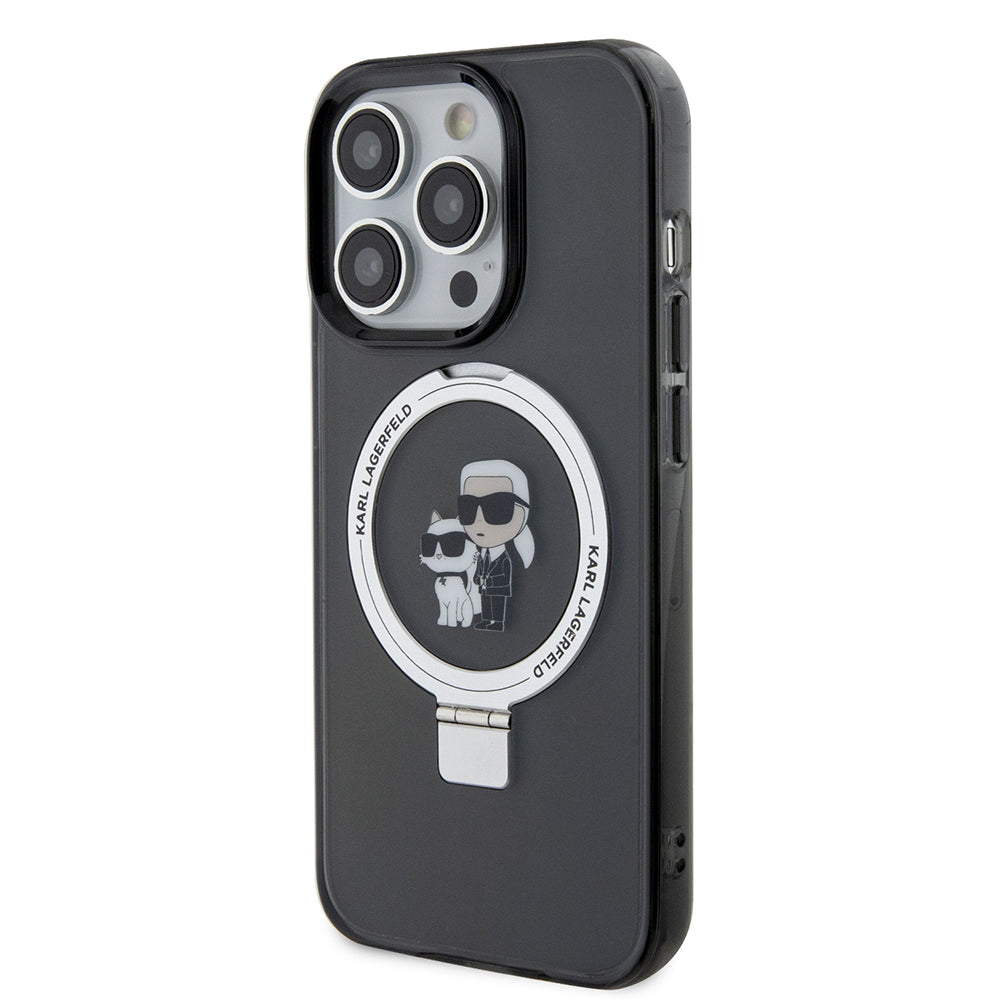 Pouzdro MagSafe pro Apple iPhone 15 Pro Max, Karl Lagerfeld, Ring Stand Karl & Choupette, Černá
