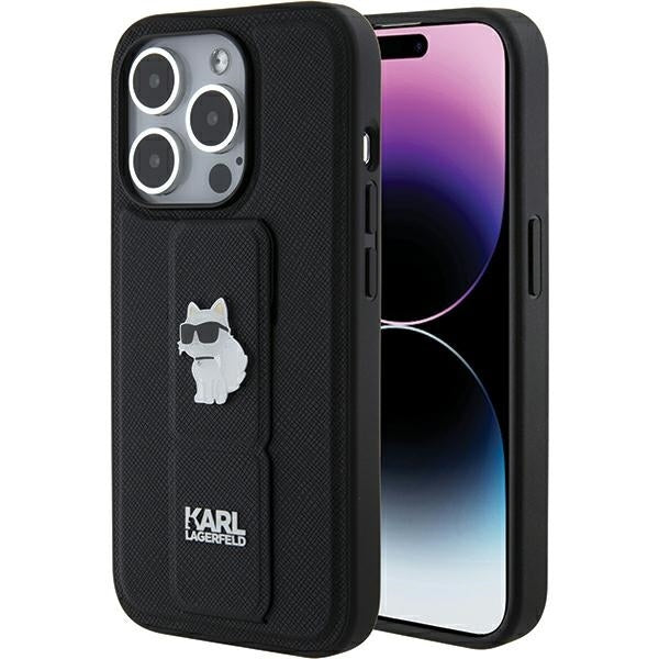Pouzdro MagSafe pro Apple iPhone 15 Pro Max, Karl Lagerfeld, Saffiano Gripstand Choupette, Černá
