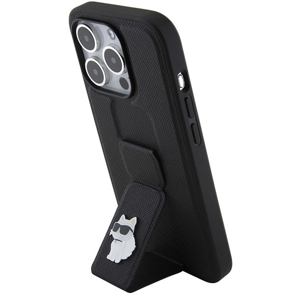 Pouzdro MagSafe pro Apple iPhone 15 Pro Max, Karl Lagerfeld, Saffiano Gripstand Choupette, Černá