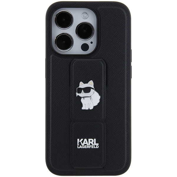 Pouzdro MagSafe pro Apple iPhone 15 Pro Max, Karl Lagerfeld, Saffiano Gripstand Choupette, Černá
