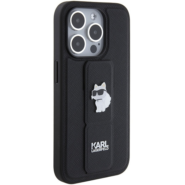 Pouzdro MagSafe pro Apple iPhone 15 Pro Max, Karl Lagerfeld, Saffiano Gripstand Choupette, Černá