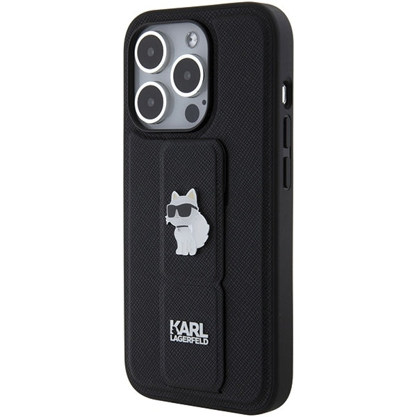 Pouzdro MagSafe pro Apple iPhone 15 Pro Max, Karl Lagerfeld, Saffiano Gripstand Choupette, Černá