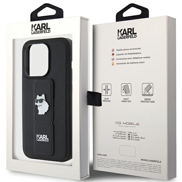 Pouzdro MagSafe pro Apple iPhone 15 Pro Max, Karl Lagerfeld, Saffiano Gripstand Choupette, Černá