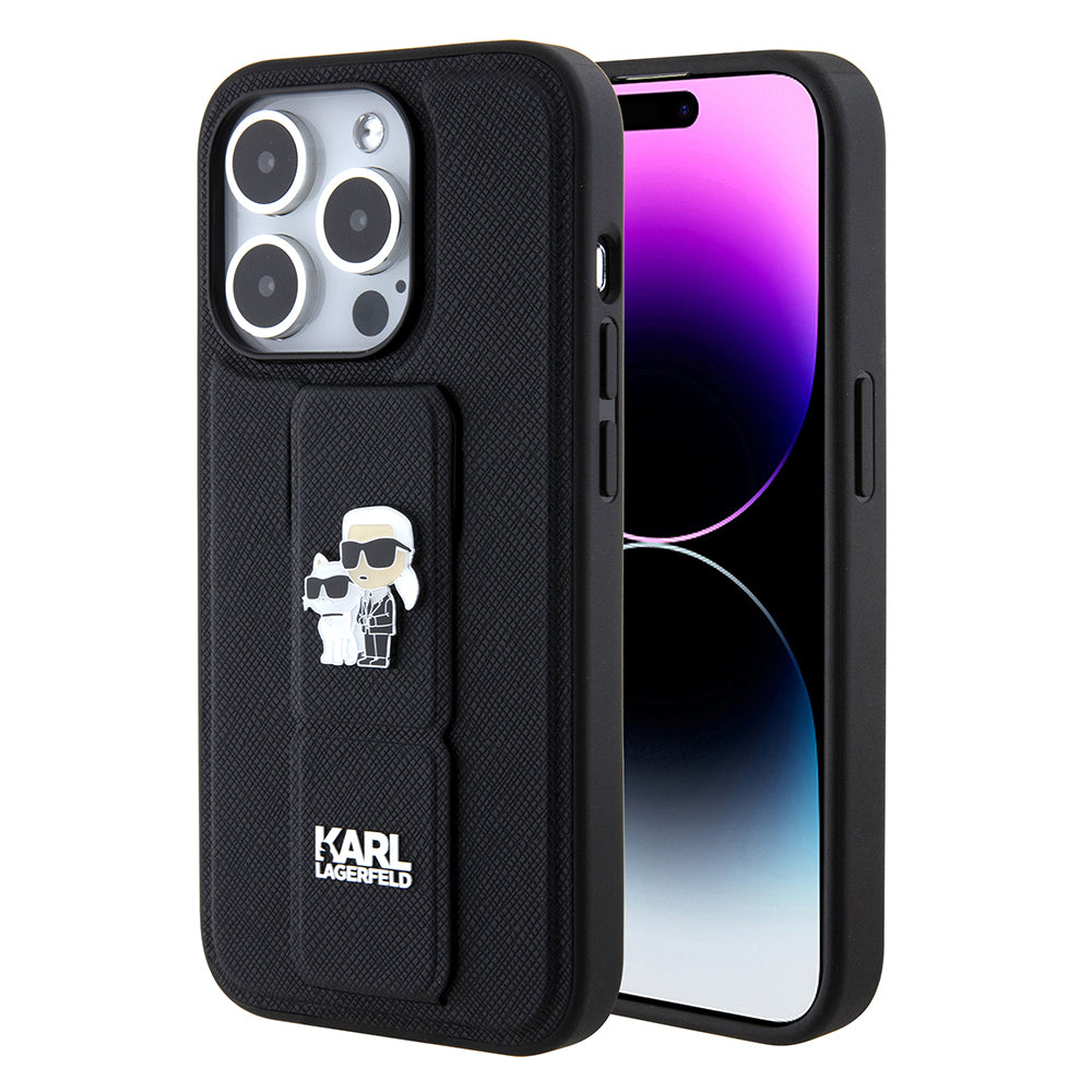 Pouzdro MagSafe pro Apple iPhone 15 Pro Max, Karl Lagerfeld, Saffiano Gripstand Karl & Choupette, Černá
