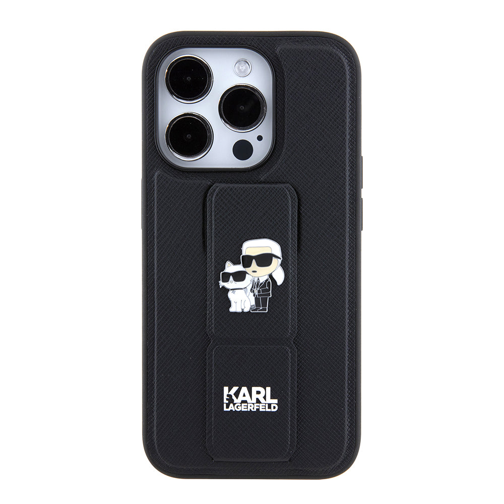Pouzdro MagSafe pro Apple iPhone 15 Pro Max, Karl Lagerfeld, Saffiano Gripstand Karl & Choupette, Černá