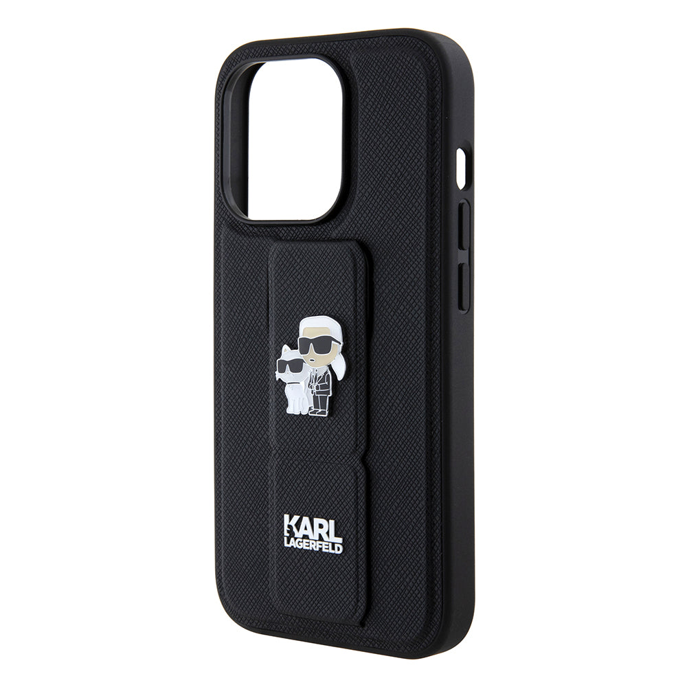 Pouzdro MagSafe pro Apple iPhone 15 Pro Max, Karl Lagerfeld, Saffiano Gripstand Karl & Choupette, Černá