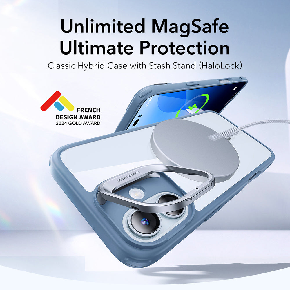 Pouzdro MagSafe pro Apple iPhone 16, ESR, Classic Hybrid Kickstand, Průhledná Modrá