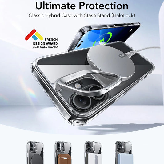 Pouzdro MagSafe pro Apple iPhone 16, ESR, Classic Hybrid Kickstand, Černé Transparentní