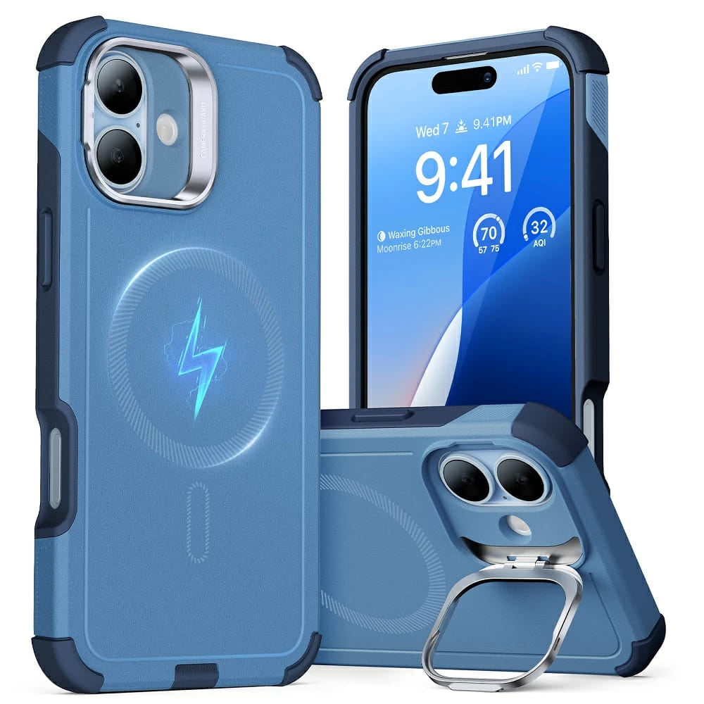 Pouzdro MagSafe pro Apple iPhone 16, ESR, Cyber Armor Kickstand, Modrá
