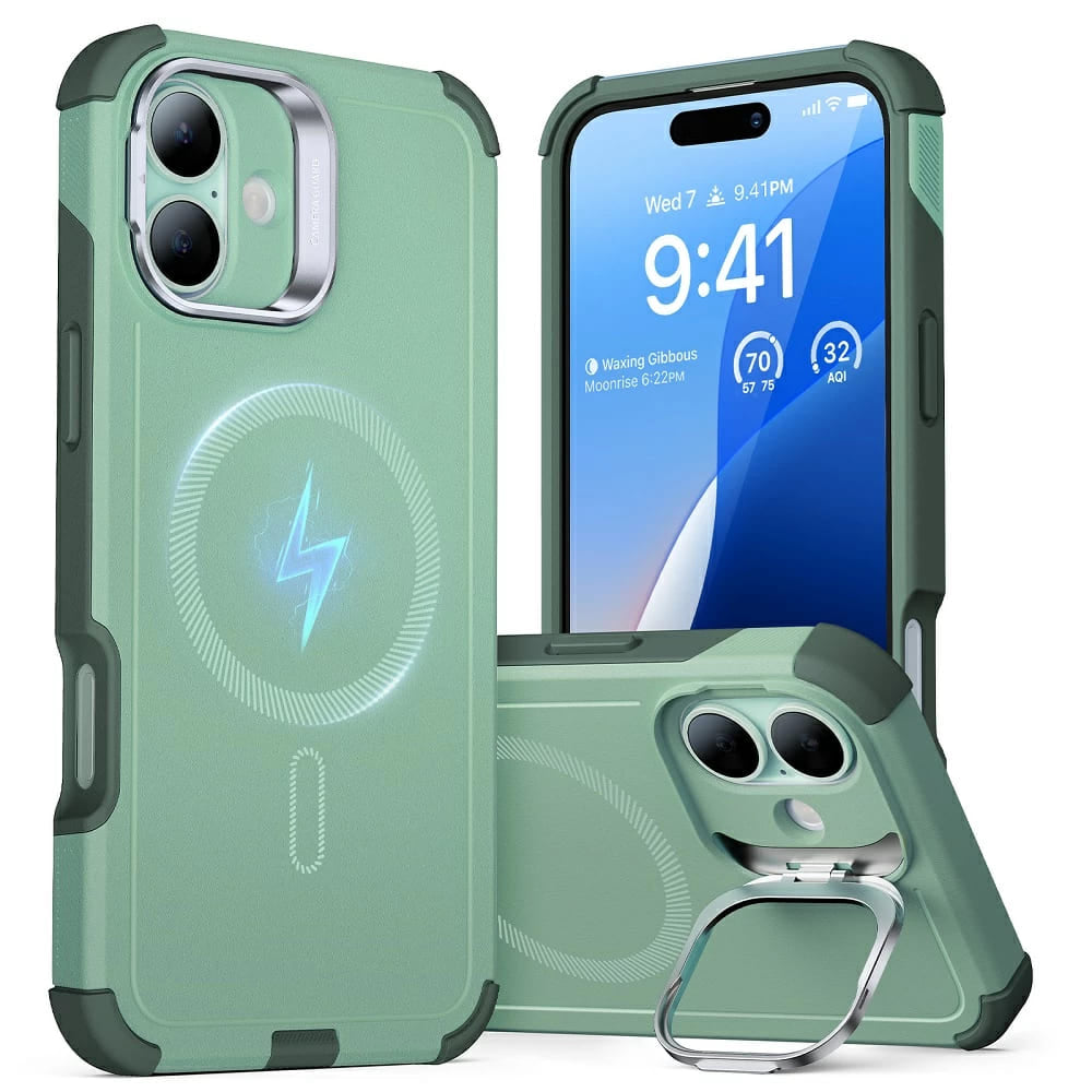 Pouzdro MagSafe pro Apple iPhone 16, ESR, Cyber Armor Kickstand, Zelená
