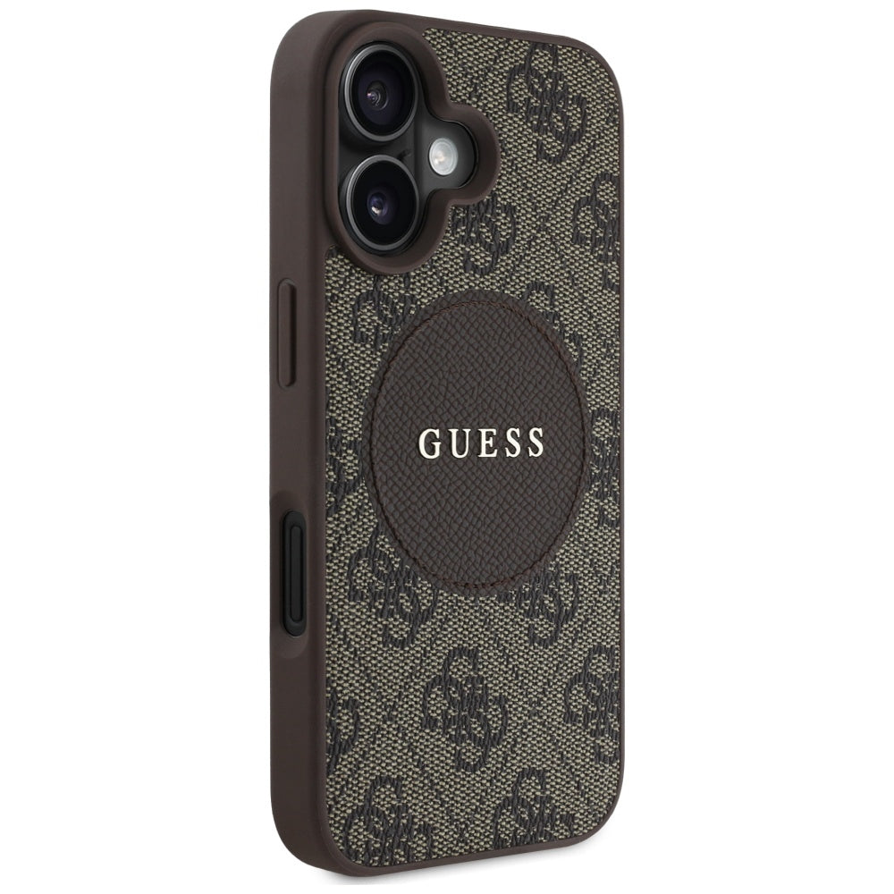 Pouzdro MagSafe pro Apple iPhone 16, Guess, 4G Circle Classic Logo, Hnědá