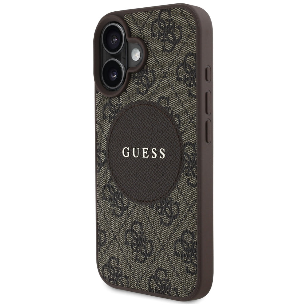Pouzdro MagSafe pro Apple iPhone 16, Guess, 4G Circle Classic Logo, Hnědá