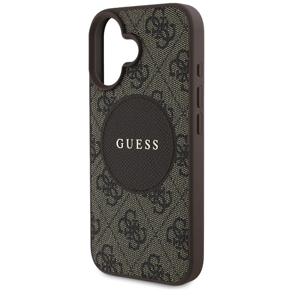 Pouzdro MagSafe pro Apple iPhone 16, Guess, 4G Circle Classic Logo, Hnědá