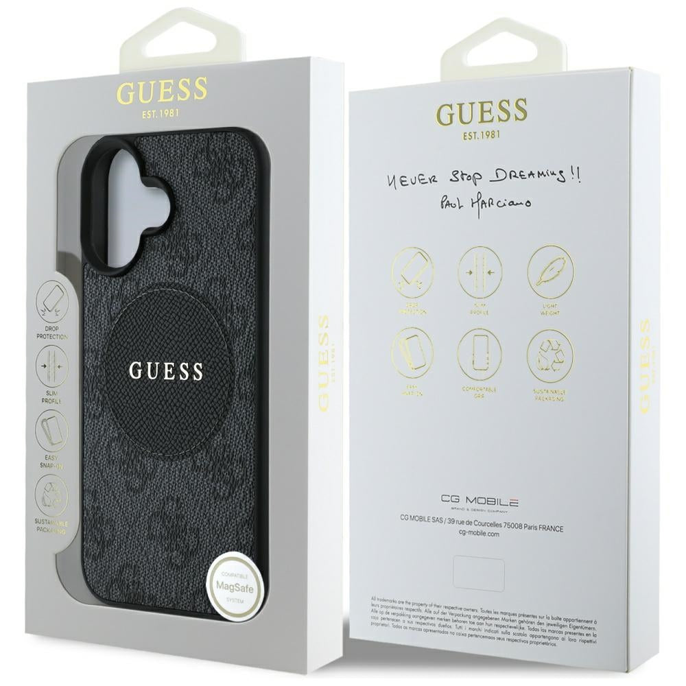 Pouzdro MagSafe pro Apple iPhone 16, Guess, 4G Circle Classic Logo, Černá