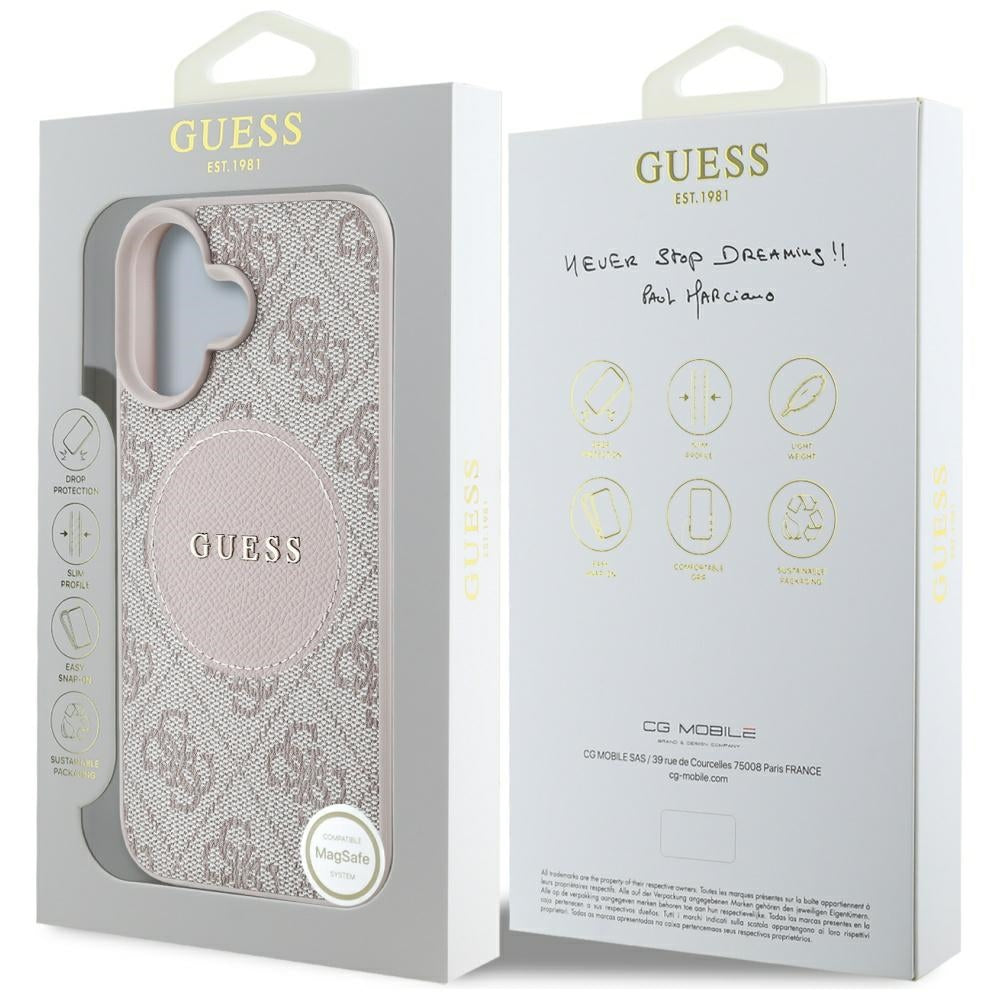 Pouzdro MagSafe pro Apple iPhone 16, Guess, 4G Circle Classic Logo, Růžové