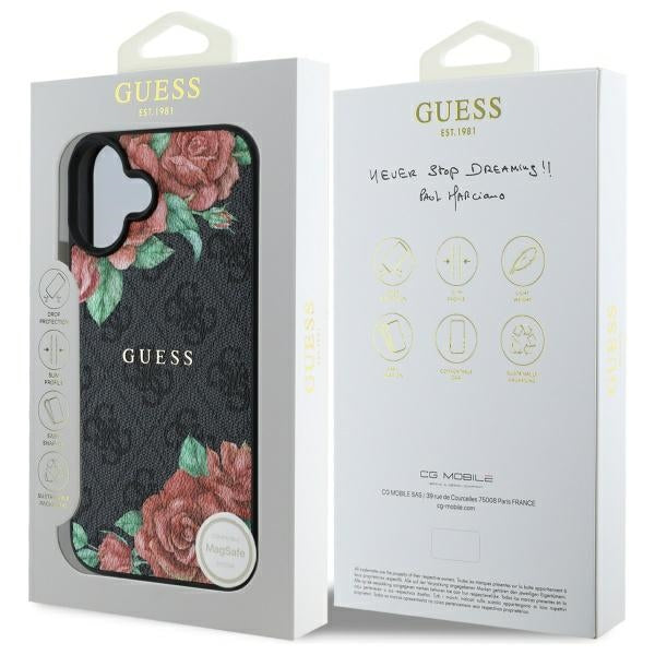 Pouzdro MagSafe pro Apple iPhone 16, Guess, 4G Flowers Print, Černá