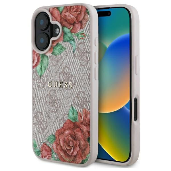 Pouzdro MagSafe pro Apple iPhone 16, Guess, 4G Flowers Print, Růžové