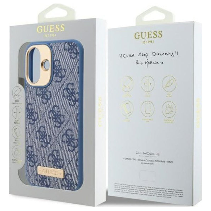 Pouzdro MagSafe pro Apple iPhone 16, Guess, 4G Logo Plate, Modrá