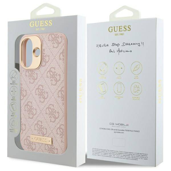MagSafe Case for Apple iPhone 16, Guess, 4G Logo Plate, Pink