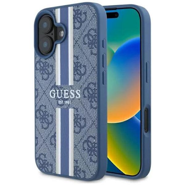 Pouzdro MagSafe pro Apple iPhone 16, Guess, 4G Printed Stripes, Modrá