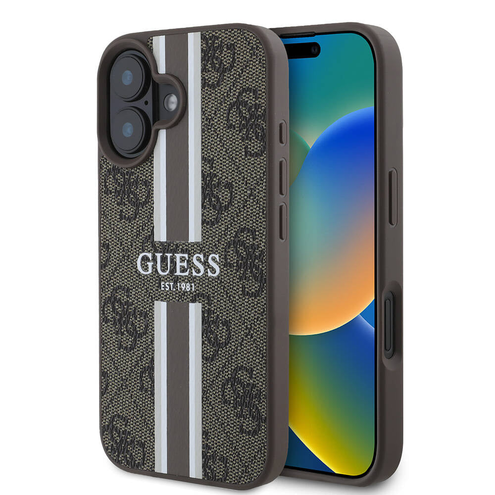 Pouzdro MagSafe pro Apple iPhone 16, Guess, 4G Printed Stripes, Hnědá