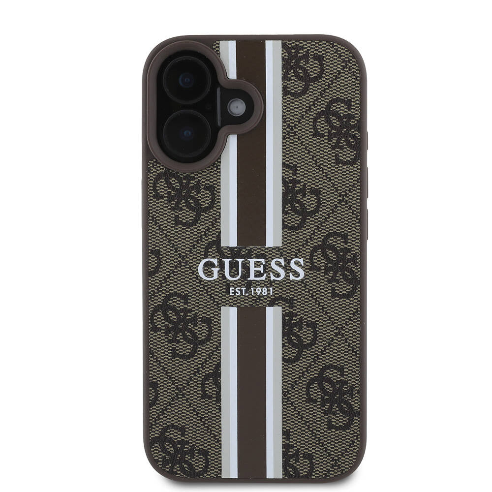 Pouzdro MagSafe pro Apple iPhone 16, Guess, 4G Printed Stripes, Hnědá