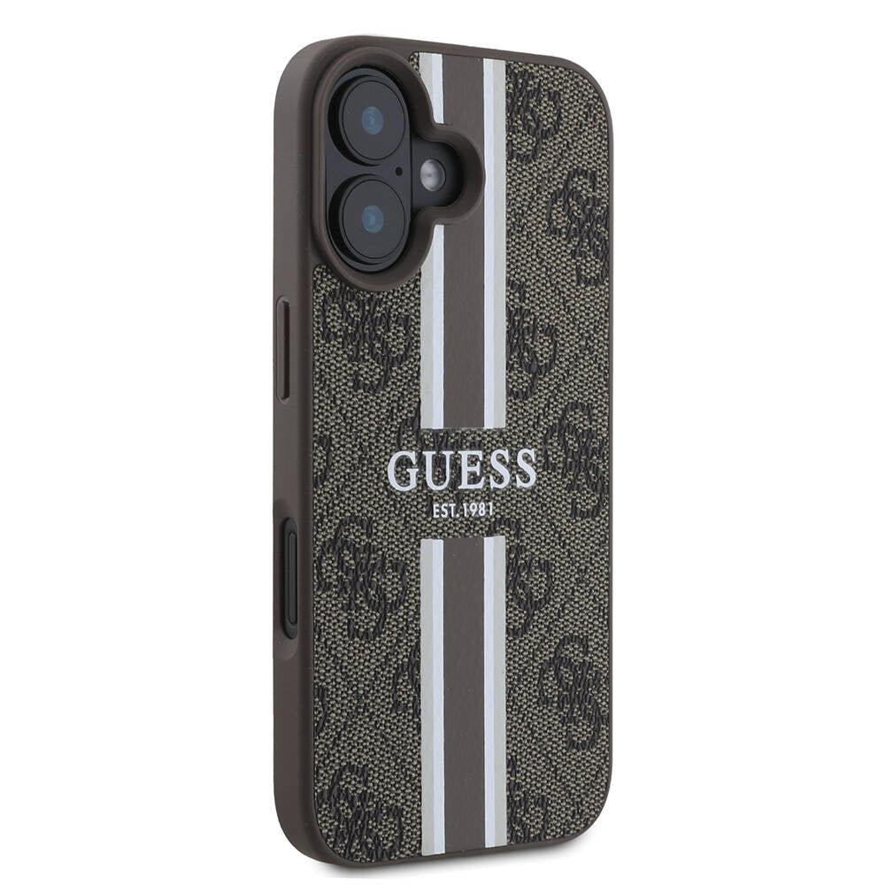 Pouzdro MagSafe pro Apple iPhone 16, Guess, 4G Printed Stripes, Hnědá