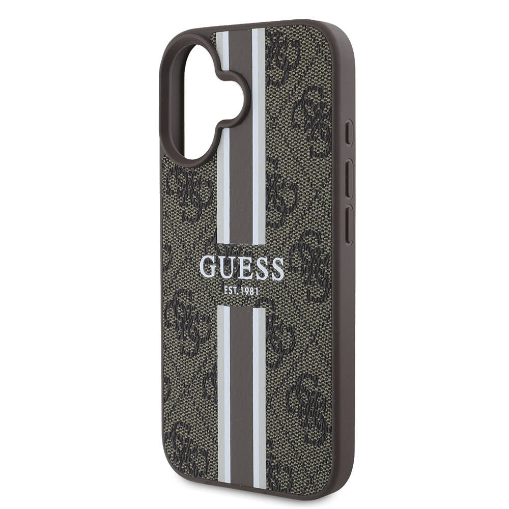 Pouzdro MagSafe pro Apple iPhone 16, Guess, 4G Printed Stripes, Hnědá
