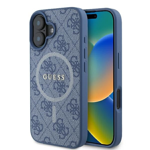 Pouzdro MagSafe pro Apple iPhone 16, Guess, 4G Ring Classic Logo, Modrá