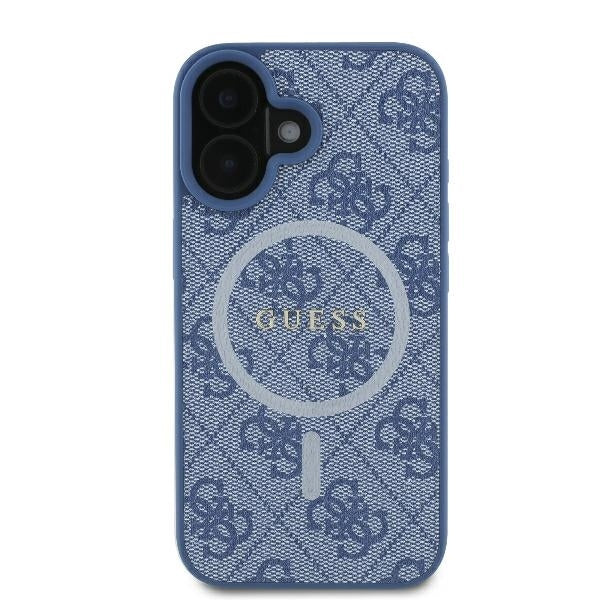 Pouzdro MagSafe pro Apple iPhone 16, Guess, 4G Ring Classic Logo, Modrá