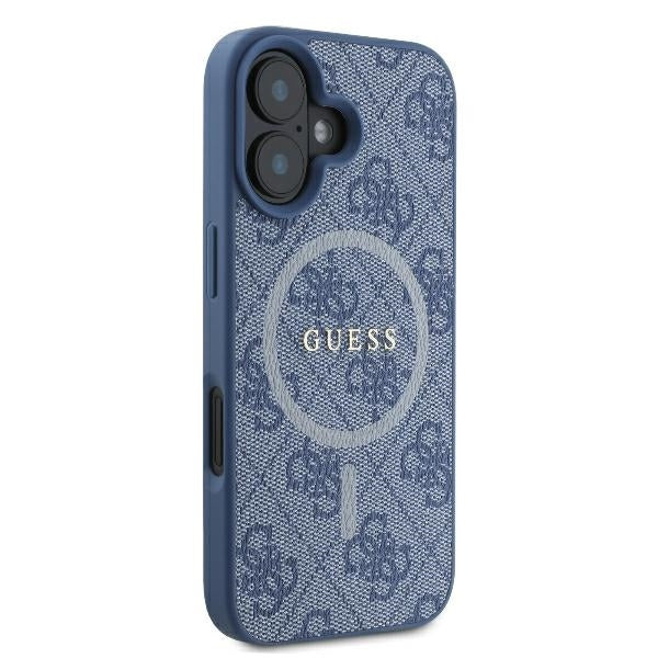 Pouzdro MagSafe pro Apple iPhone 16, Guess, 4G Ring Classic Logo, Modrá