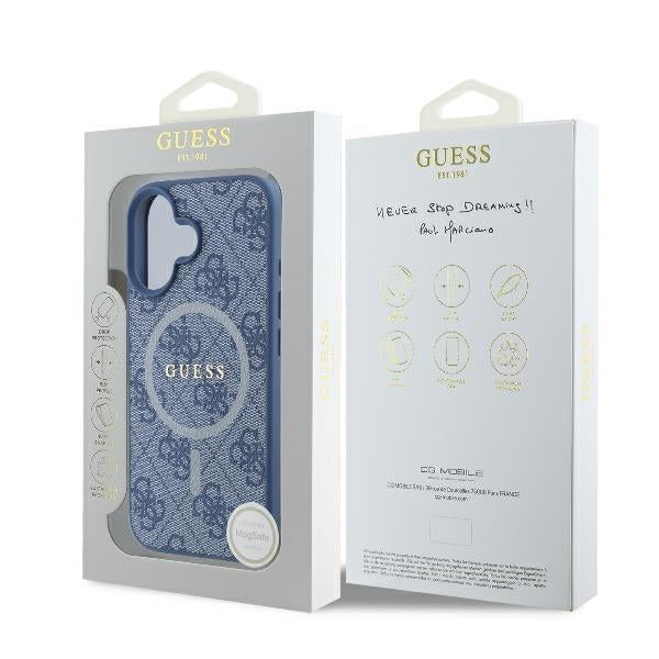Pouzdro MagSafe pro Apple iPhone 16, Guess, 4G Ring Classic Logo, Modrá