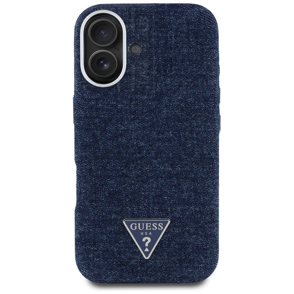 Pouzdro MagSafe pro Apple iPhone 16, Guess, Denim Triangle Logo, Modrá