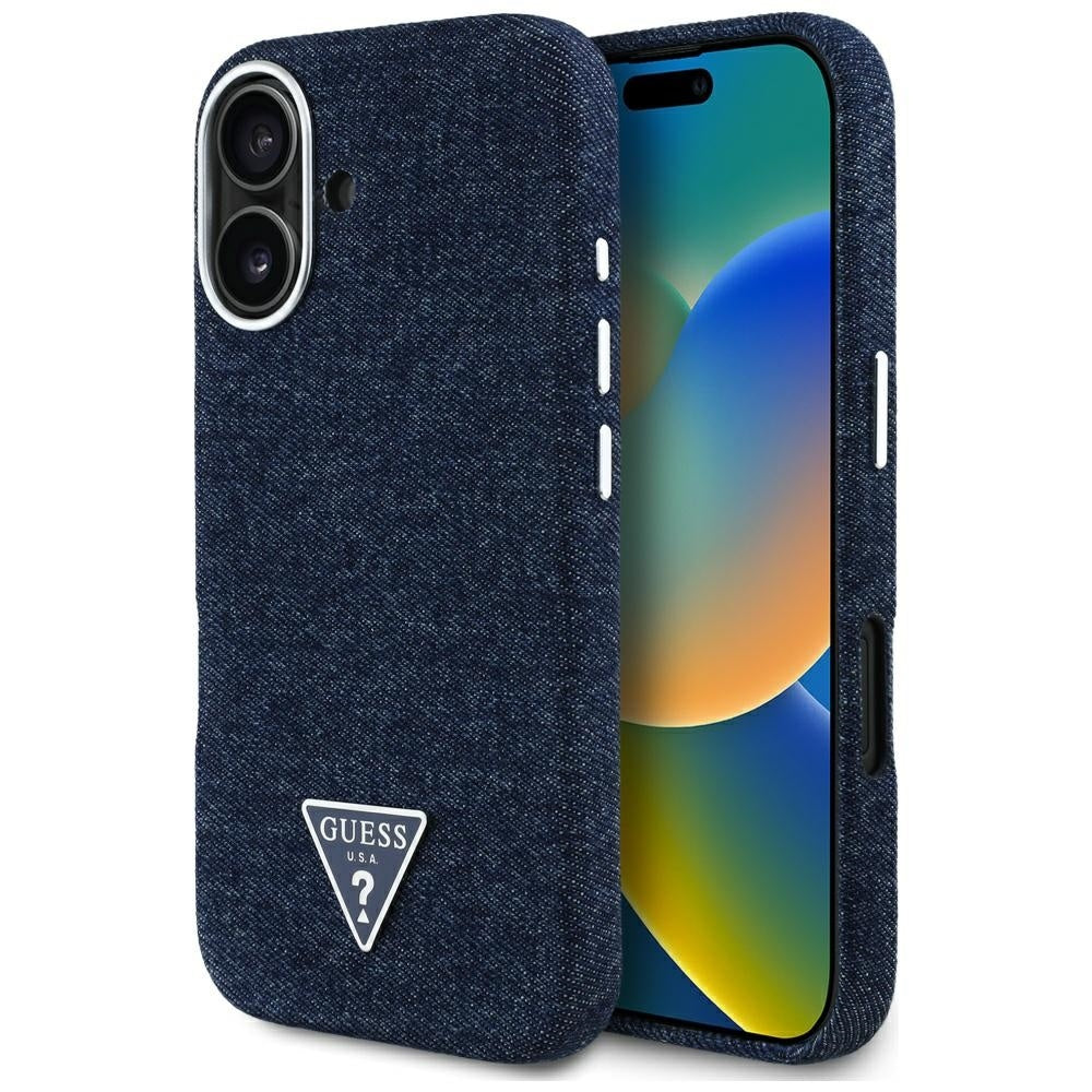 Pouzdro MagSafe pro Apple iPhone 16, Guess, Denim Triangle Logo, Modrá