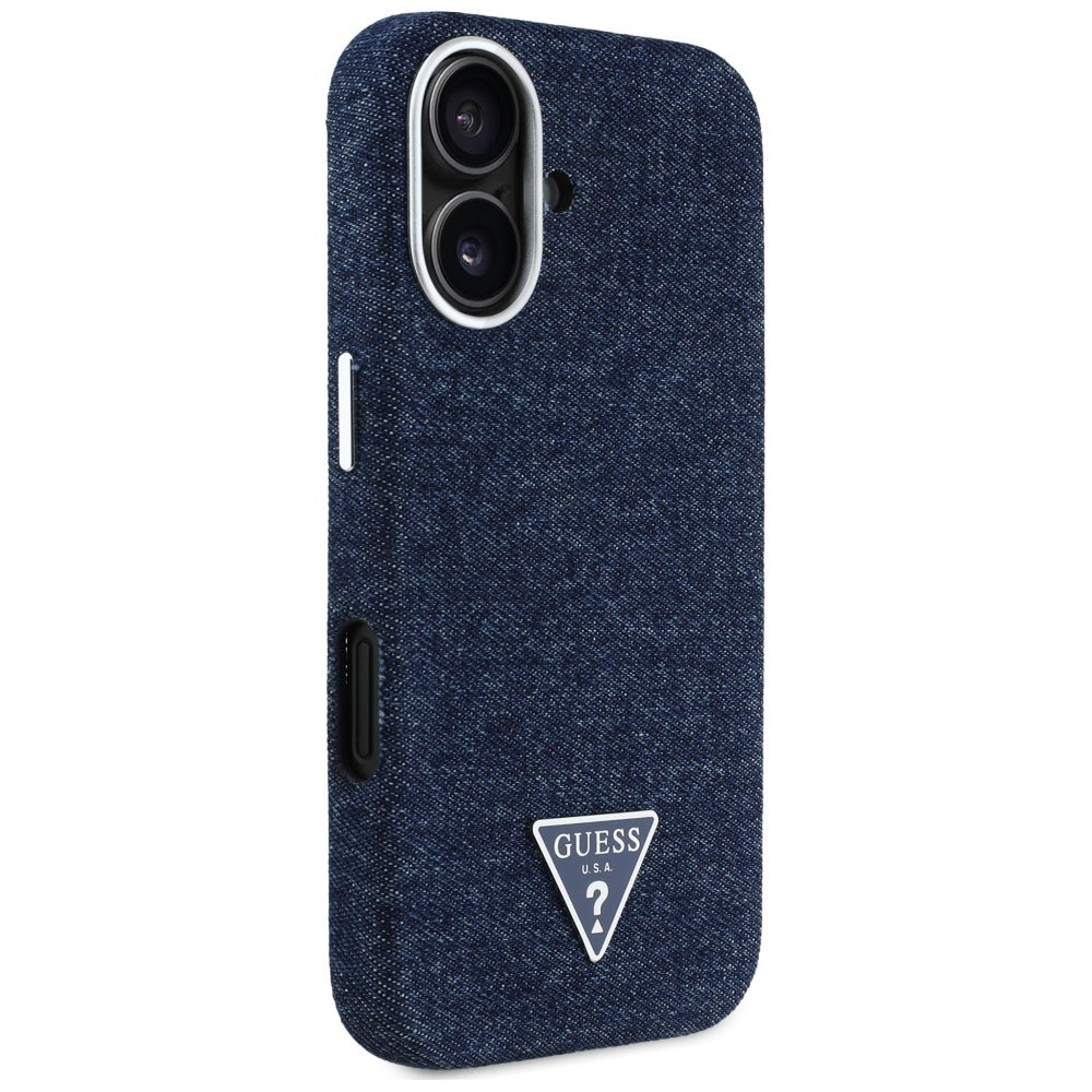 Pouzdro MagSafe pro Apple iPhone 16, Guess, Denim Triangle Logo, Modrá