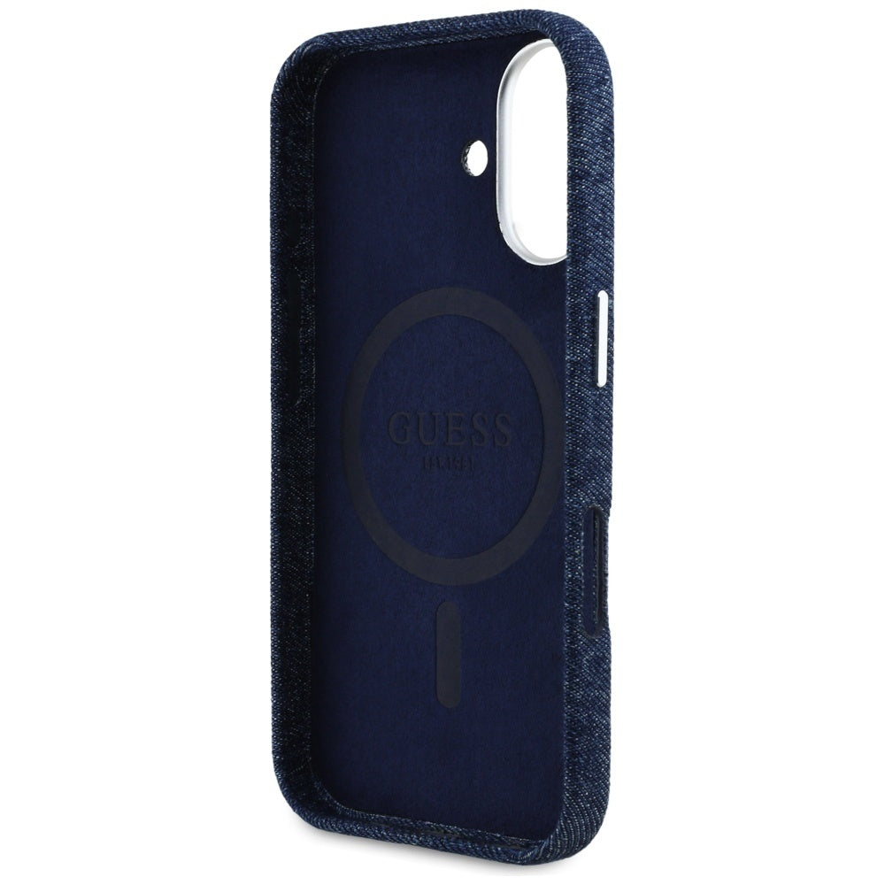 Pouzdro MagSafe pro Apple iPhone 16, Guess, Denim Triangle Logo, Modrá