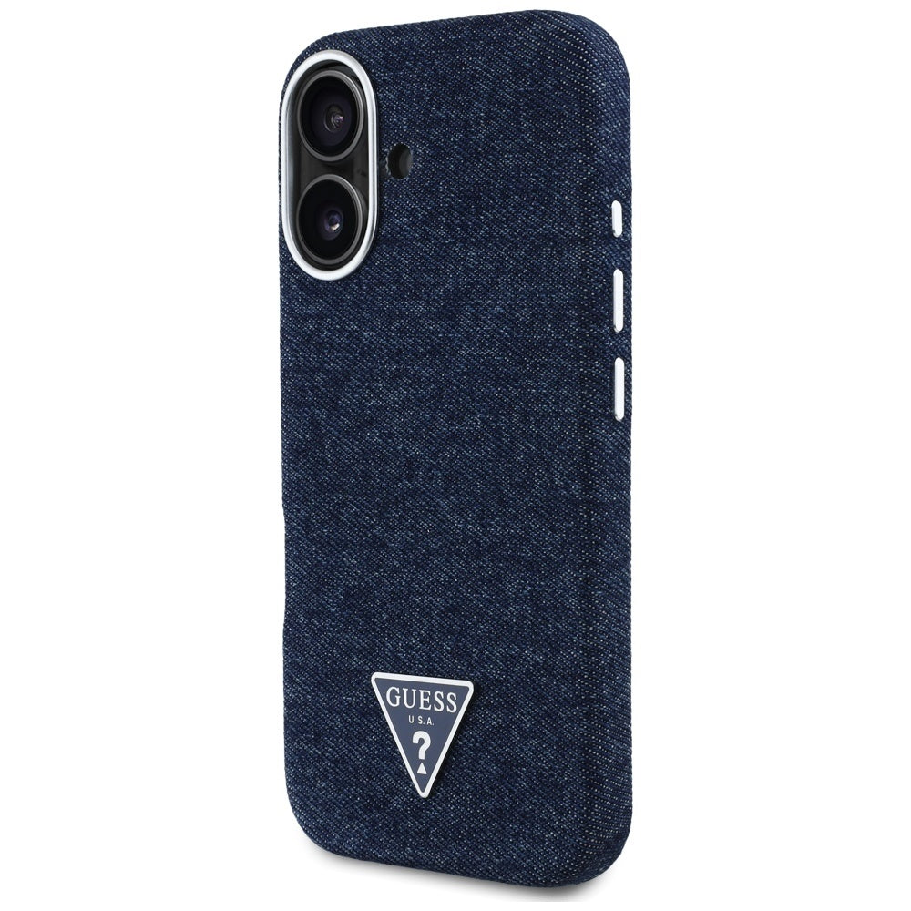 Pouzdro MagSafe pro Apple iPhone 16, Guess, Denim Triangle Logo, Modrá