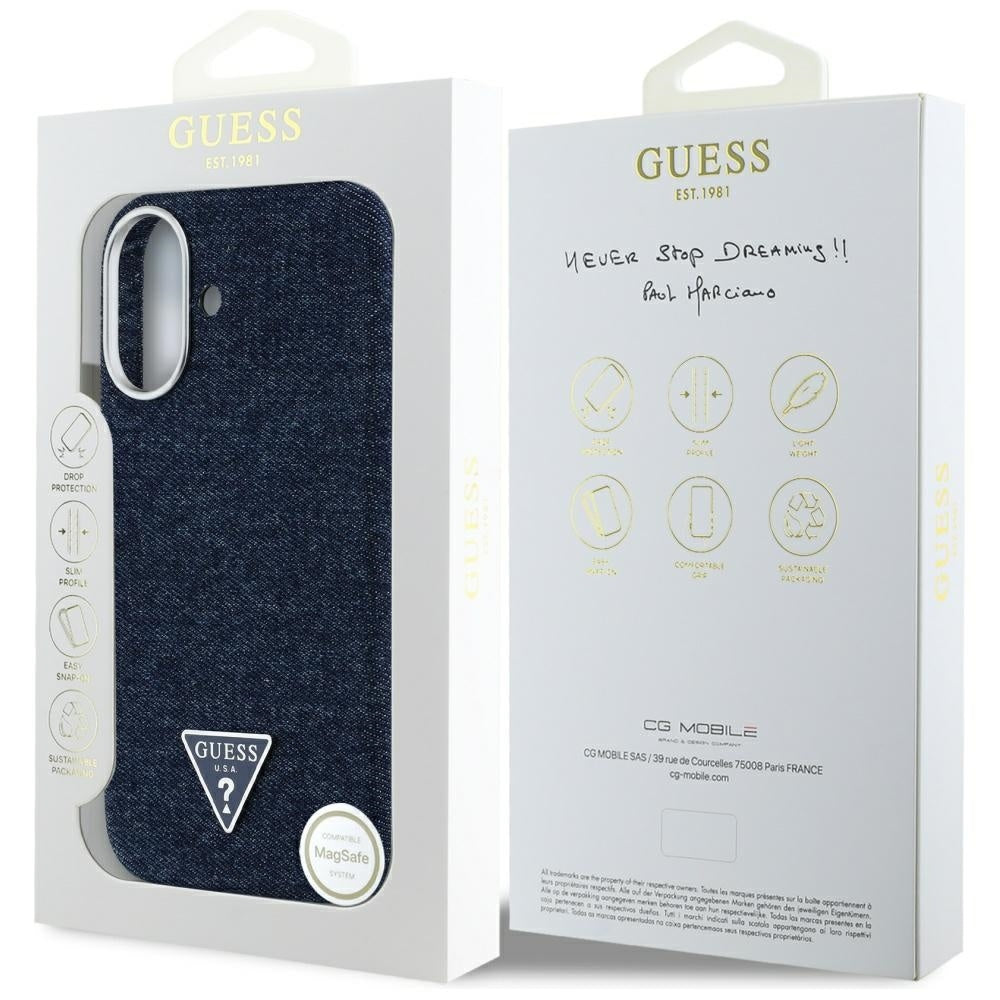 Pouzdro MagSafe pro Apple iPhone 16, Guess, Denim Triangle Logo, Modrá